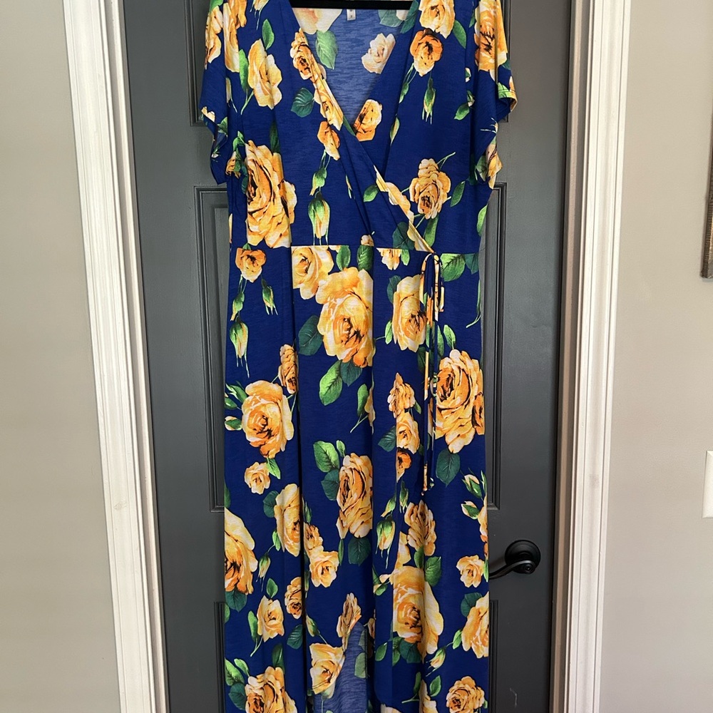 Floral Wrap Summer high low Dress in Blue with Yellow Flowers super comfy! - Picture 1 of 6